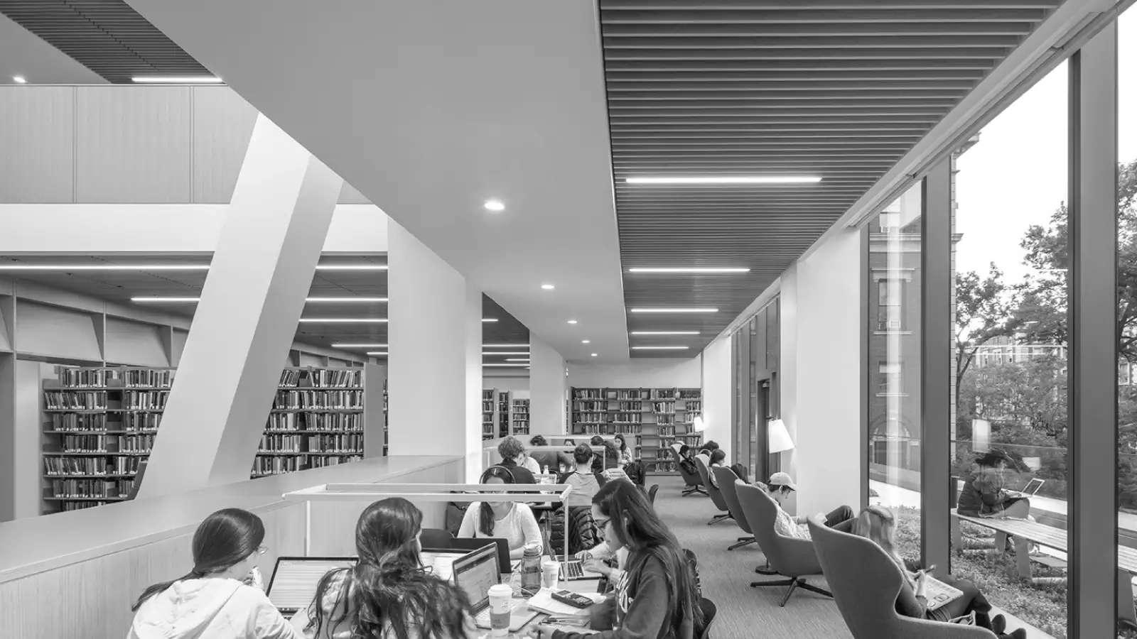 Barnard's library, interior showing students studying